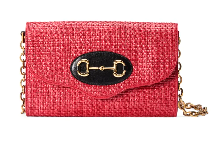 GUCCI Zumi Straw Woven With Leather Chain Bag, Shoulder Bag, Crossbody Bag Women's Coral Red