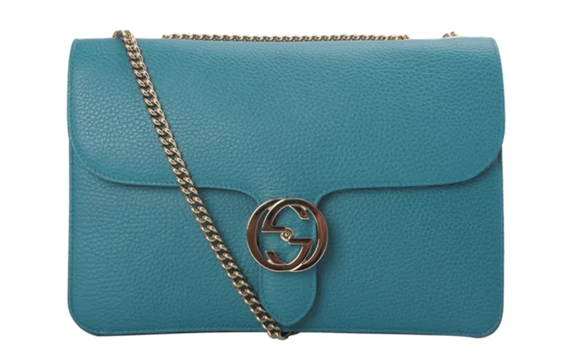 GUCCI Litchi Grain Leather Messenger Bag, Trunk Bag, Crossbody Bag, Shoulder Bag Women's Peacock Blue