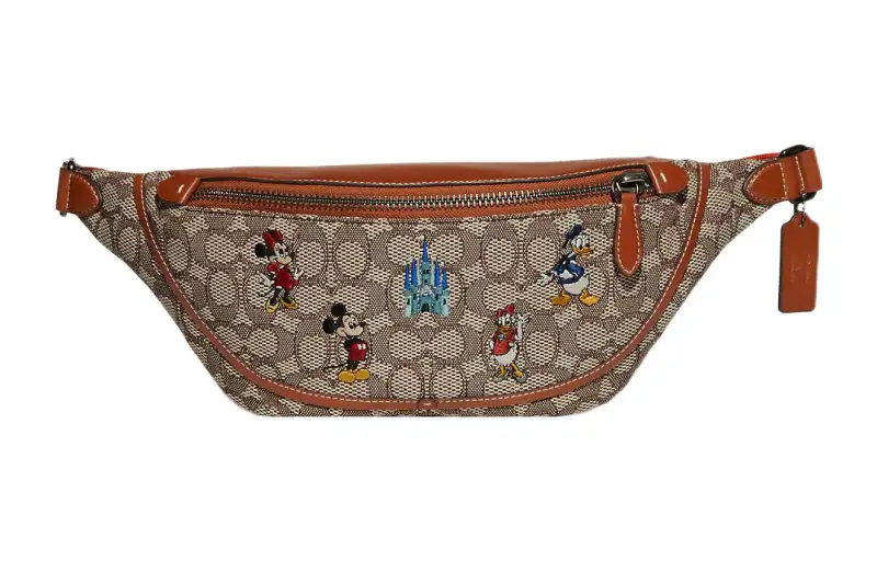 COACH X Disney Collaboration Fabric With Leather One Shoulder Crossbody Sling Bag, Fanny Pack Large Men's Khaki