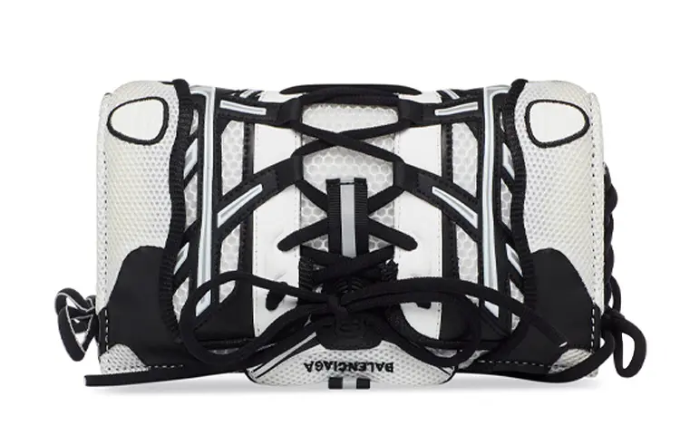 Balenciaga Fabric With Leather Lace Up Bag, One Shoulder, Crossbody Cell Phone Pouch Small Women's White & Black