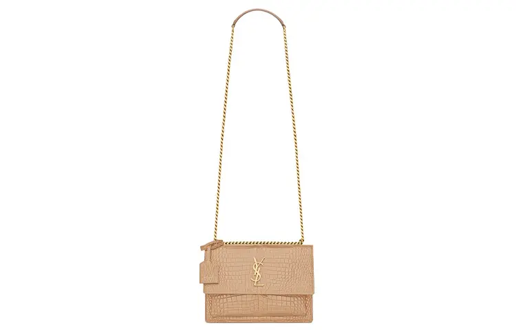 SAINT LAURENT Crocodile Embossed Bright Leather Sunset Bag, Shoulder Bag, Crossbody Bag Women's Dark Beige