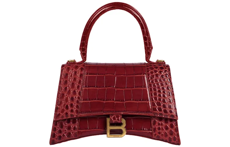 Balenciaga Hourglass Top Handle Bag Small Crocodile Embossed Dark Red