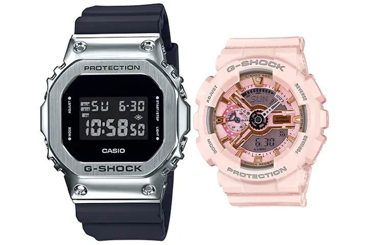 CASIO Casio watch series-GM&GMA cherry blossom pink waterproof movement classic metal small square quartz movement Japanese and Korean watch men and women same style black dial GM-5600-1+GMA-S110MP-4A1ER