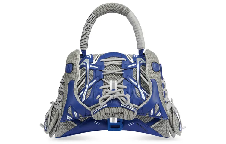 Balenciaga Fabric With Leather Hourglass Bag, One Shoulder Handbag, Crossbody Bag Medium Women's Blue/Gray