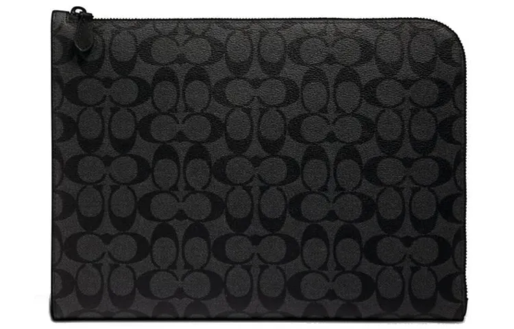 COACH L Zip Coated Canvas With Calfskin Laptop Bag Briefcase Zipper Document Folder Clutch Men's Charcoal Black