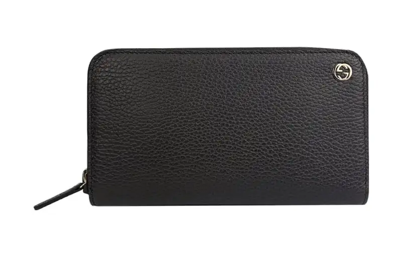 GUCCI Double G Litchi Grain Cow Leather Wallet Unisex Brown
