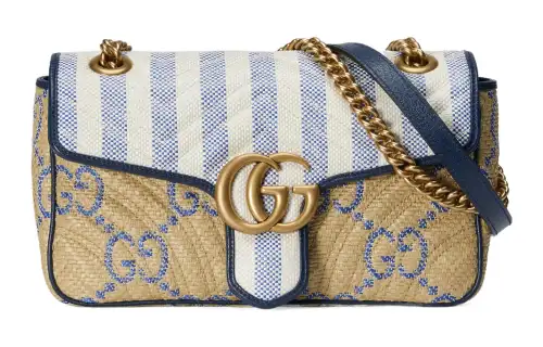 GUCCI Marmont Raffia Patchwork Leather Shoulder Bag Women's