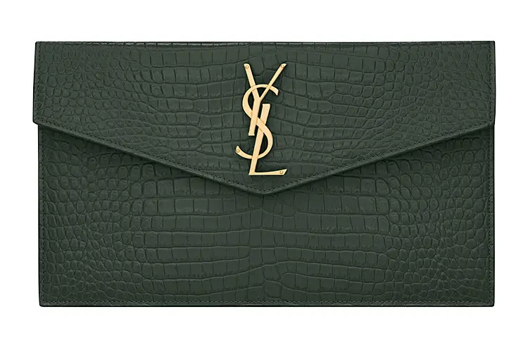 SAINT LAURENT Crocodile Pattern Shiny Calfskin Envelope Bag, Clutch Small Women's Mint Green