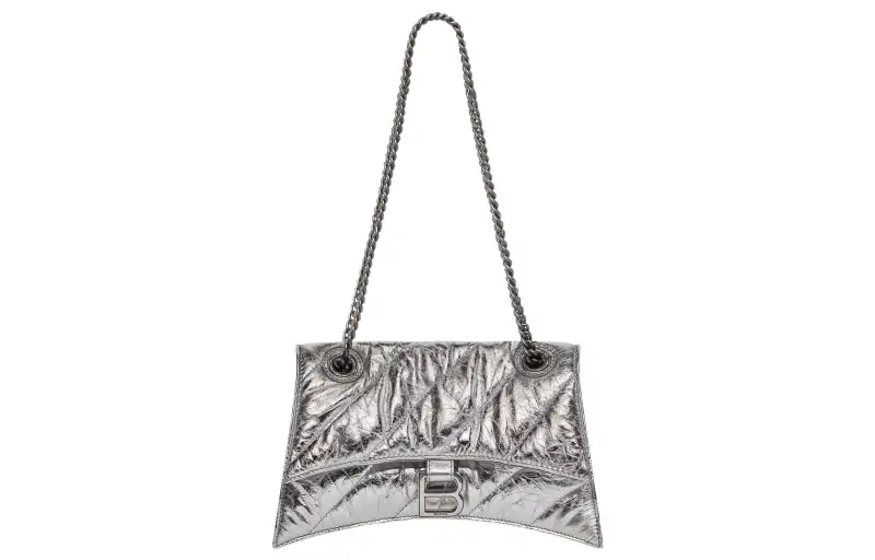 Balenciaga Crush Shiny Double Chain Crossbody Bag, Shoulder Bag Women's Silver