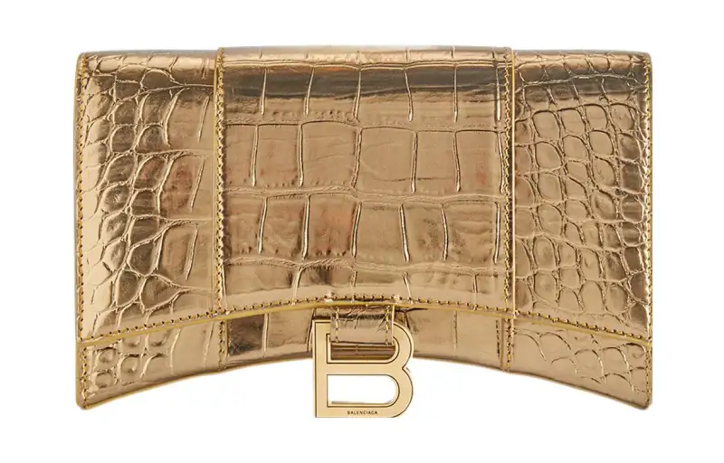 Balenciaga Hourglass Crocodile Pattern Embossed Cow Leather Shoulder Bag, Crossbody Bag, Wallet Women's Gold