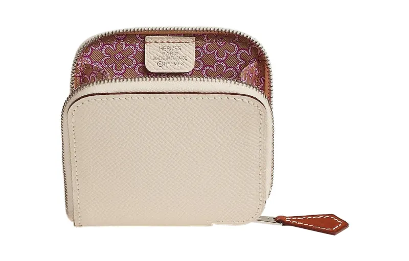 HERMES Silk'In Zip Closure Epsom With Barenia Calfskin Wallet Coin Purse Women's Cream White/Milk Tea/Purple Rose