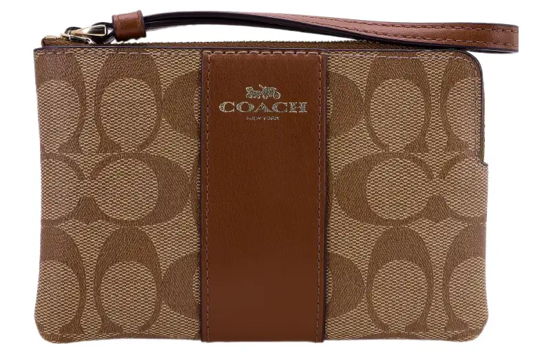 COACH Corner Zip Monogram Canvas With Leather Wrist Bag Coin Purse, Clutch Women's Brown