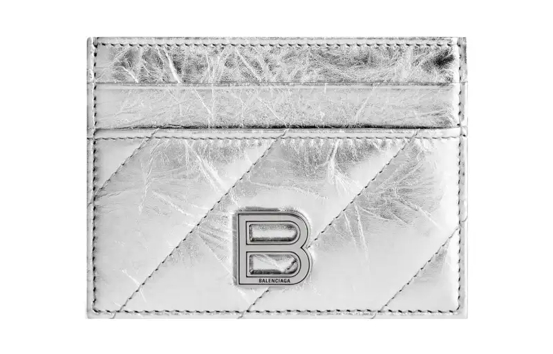 Balenciaga Crush Embossed Cow Leather Card Holder Women's Silver