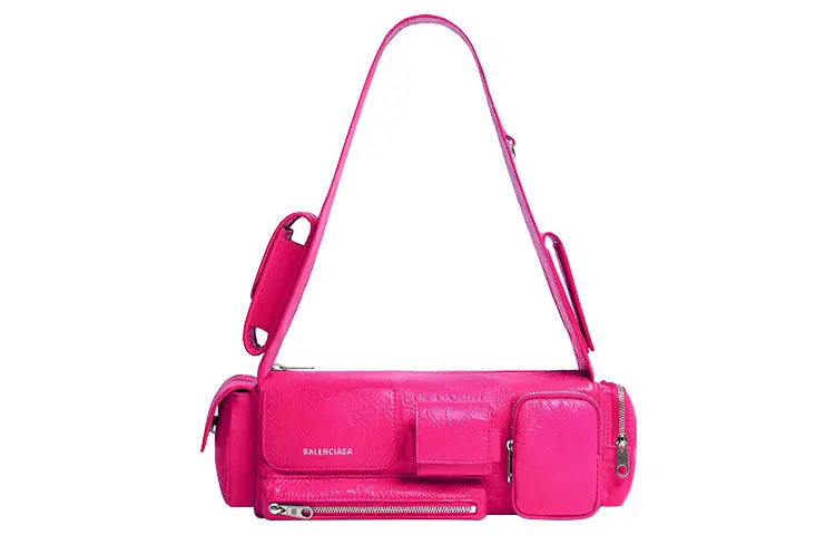 Balenciaga Superbusy Fine Grained Sheepskin With Fabric Handbag, Shoulder Bag Women's Bright Pink