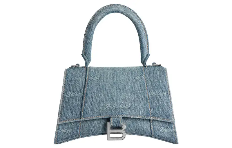 Balenciaga Women's Hourglass Small Handbag Girly Allover Denim Light Blue