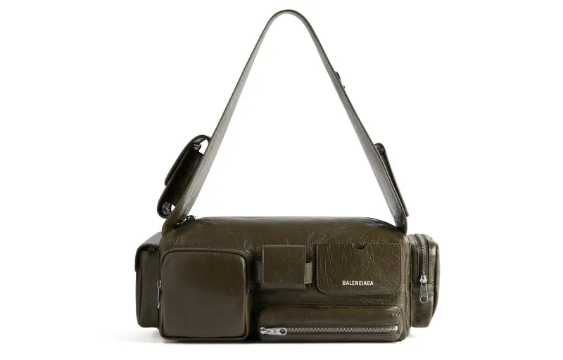 Balenciaga Superbusy Fine Grained Lambskin With Polyester Handbag, Shoulder Bag Women's Dark Green