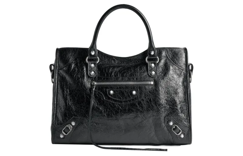 Balenciaga Le City Medium Bag In Black Arena Lambskin Shiny Silver Hardware Black
