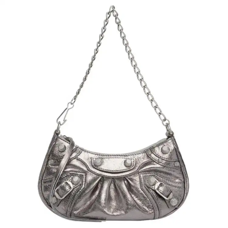 Balenciaga Cow Leather Biker Bag, Dumpling Bag, Crossbody Bag Mini Women's Silver