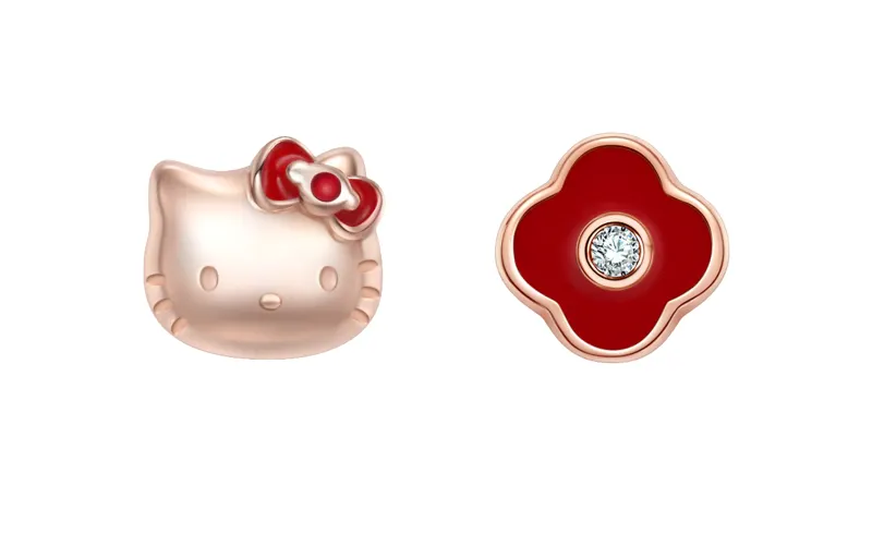 Sanrio, Hello Kitty, hello kitty, asymmetrical universal earrings with bow, design synthesized red gift box, four-leaf clover, simple and elegant design, silver 925 sample