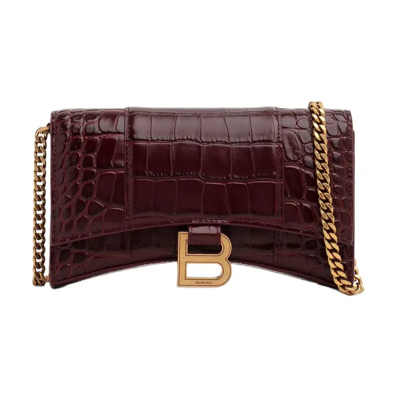 Balenciaga Hourglass Crocodile Embossed Leather Shoulder Bag, Crossbody Bag, Wallet Women's Burgundy