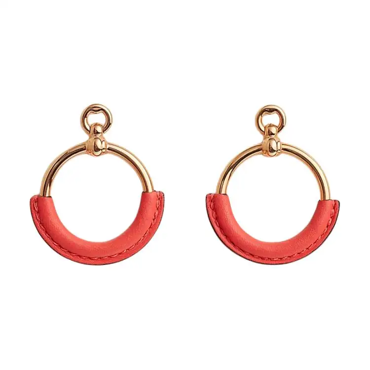 HERMES Metal, Calfskin, Rose Gold Plated Earrings Women's Red