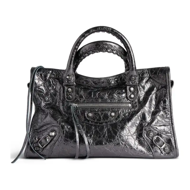 Balenciaga Le City Small Bag In Steel Grey Metallized Arena Lambskin Shiny Silver Hardware Steel Grey