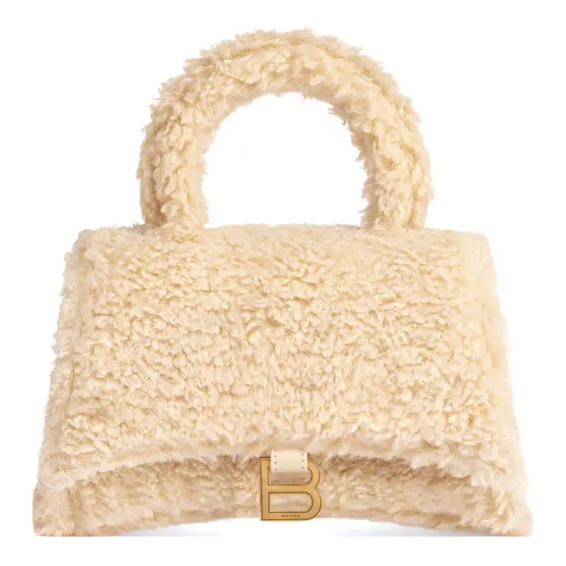 Balenciaga Furryhourglass Sheepskin Polyester Shoulder Bag, Crossbody Bag, Handbag Extra Small Women's Beige