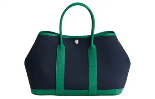 HERMES Hermès Garden Party 30 silver buckle canvas and Negonda calfskin handbag 30 women's navy blue and dazzling green