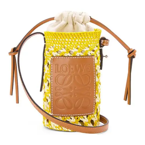 LOEWE Cylinder Pocket Palm With Calfskin Patch Straw Bag, Shoulder Bag, Crossbody Bag Women's Yellow