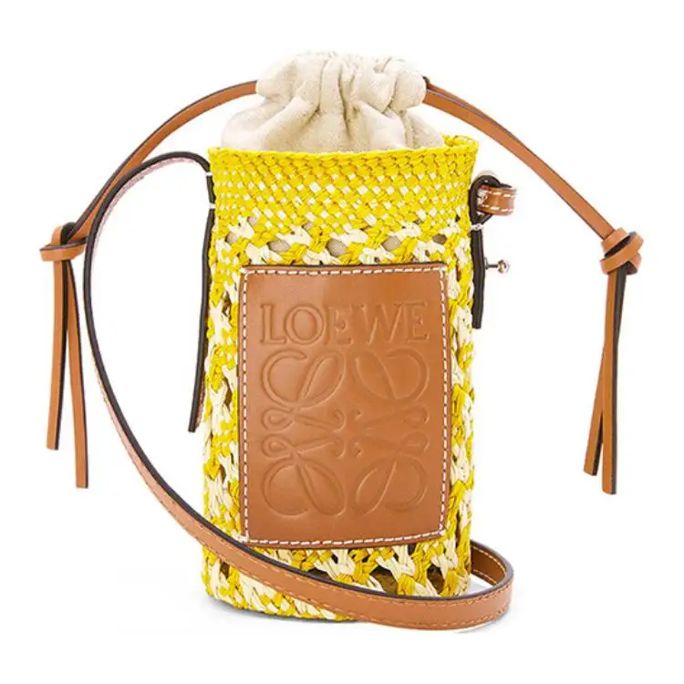 LOEWE Cylinder Pocket Palm With Calfskin Patch Straw Bag, Shoulder Bag, Crossbody Bag Women's Yellow