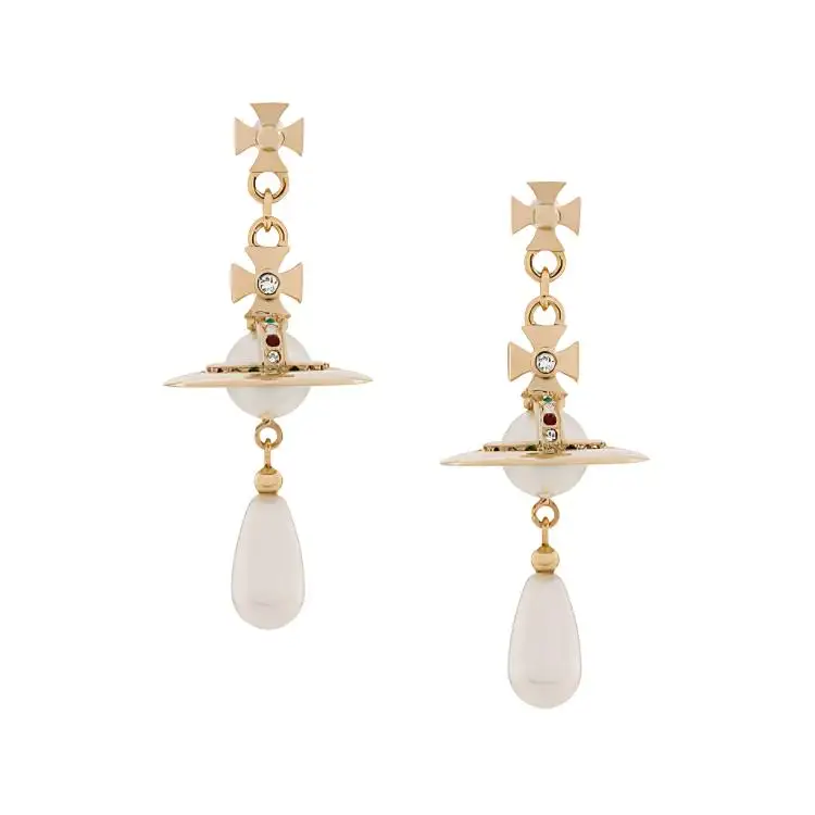 Vivienne Westwood Pearl drop Saturn artificial pearl pendant earrings brass crystal earrings women's gold
