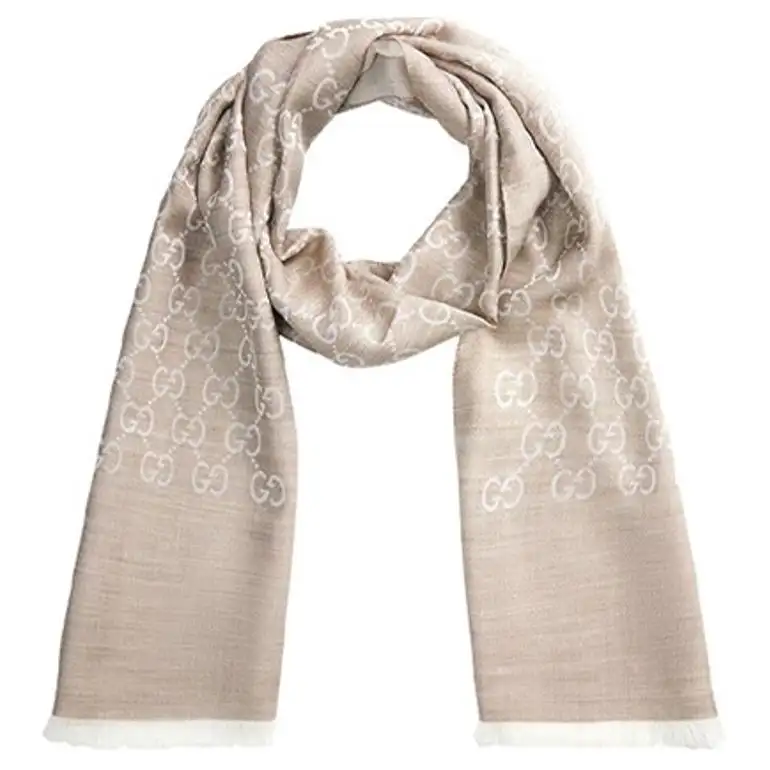 GUCCI GG Jacquard Pattern Two-Tone Wool Silk Scarf Beige