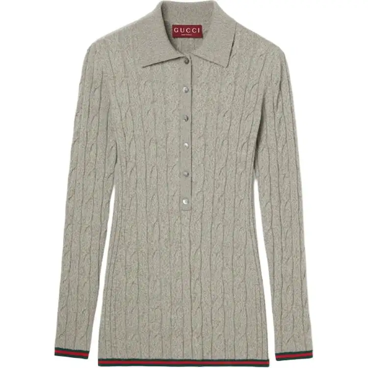 GUCCI Fine Cable And Rib Wool Polo Top 'Dove Grey'