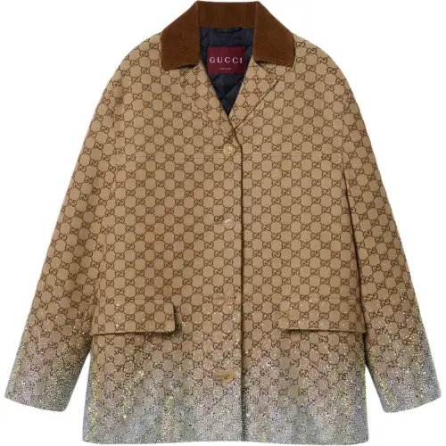 GUCCI Crystals Embroidered Gg Canvas Coat Beige/Dark Brown