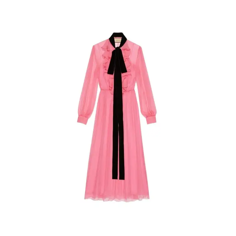 GUCCI Ruffled Silk Long Sleeve Dress Pink
