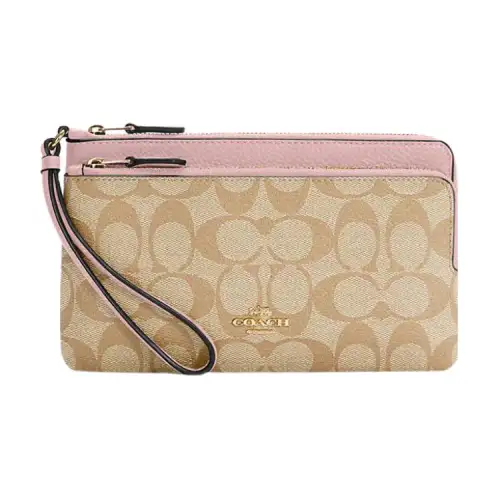 COACH Double Zip Wallet Coated Canvas With Refined Pebbled Leather Card Holder, Wallet Small Women's