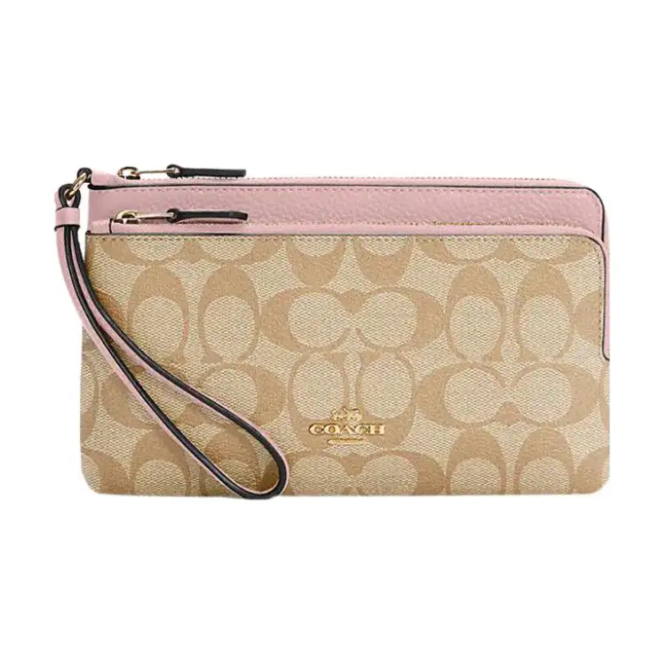 COACH Double Zip Wallet Coated Canvas With Refined Pebbled Leather Card Holder, Wallet Small Women's