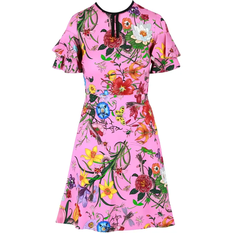 GUCCI Ruffled Flora Snake Print Dress Princess Rose Print