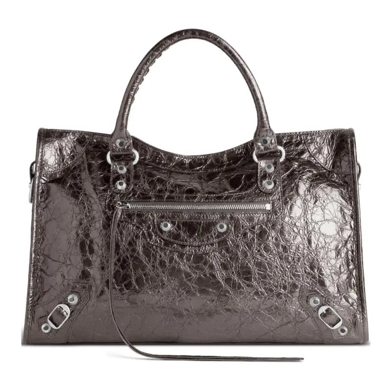 Balenciaga Le City Medium Bag In Steel Grey Metallized Arena Lambskin Shiny Silver Hardware Steel Grey