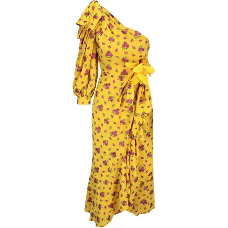 GUCCI Little Flower Georgette One Shoulder Dress Lemon Azalea Nude