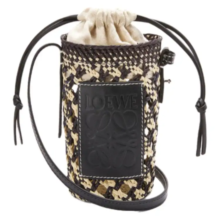 LOEWE Cylinder Pocket Embossed Cow Leather Patch Woven Crossbody Bags Women's Black