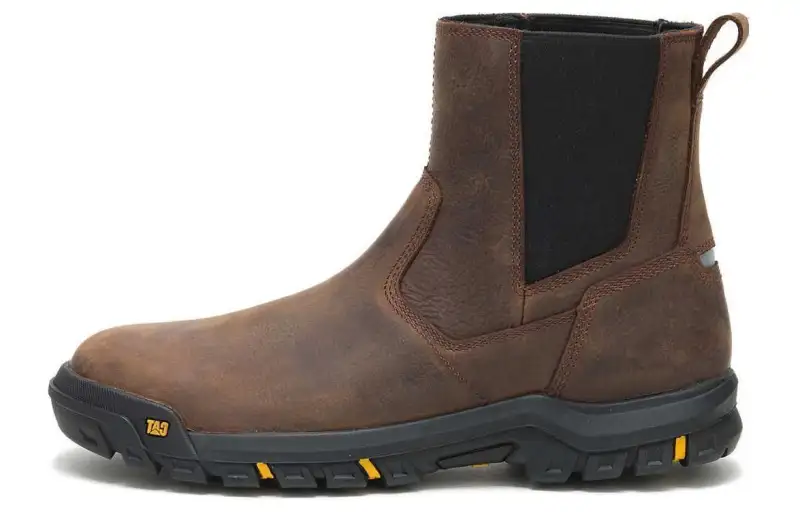 CAT Leather Slip Resistant Abrasion Resistant Short Chelsea Boots Men's Brown