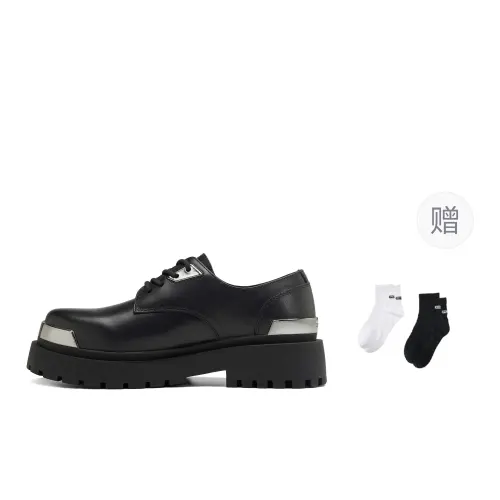 PCLP Cow Leather Round Tip Metal Plate Fashion Casual Derby Shoes Unisex Black