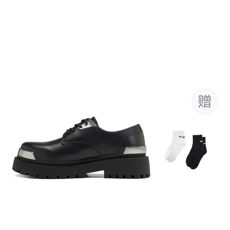 PCLP Cow Leather Round Tip Metal Plate Fashion Casual Derby Shoes Unisex Black