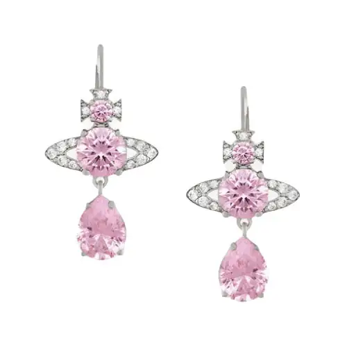 Vivienne Westwood Ismene Drop Earrings Water Drop Crystal Saturn Decoration Brass Earrings Unisex Couple Style Pink/Silver