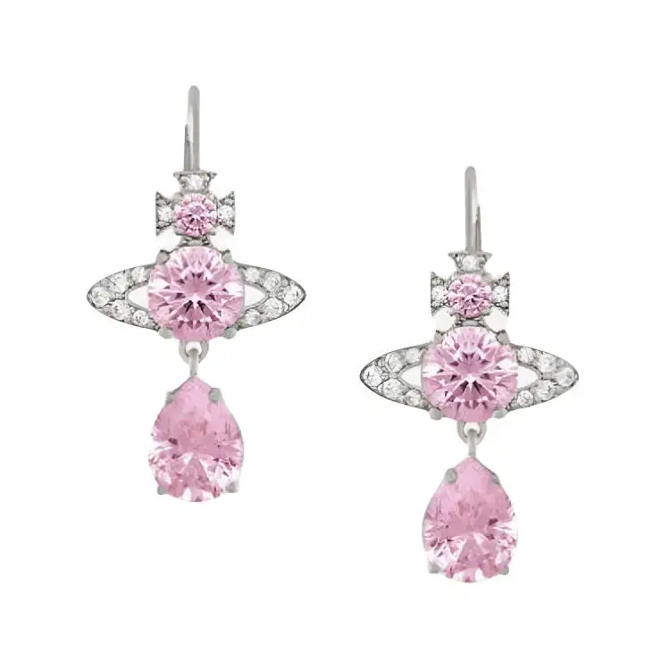 Vivienne Westwood Ismene Drop Earrings Water Drop Crystal Saturn Decoration Brass Earrings Unisex Couple Style Pink/Silver
