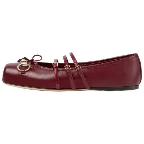 GUCCI Horsebit Leather Flat Mary Jane Shoes Women's Red