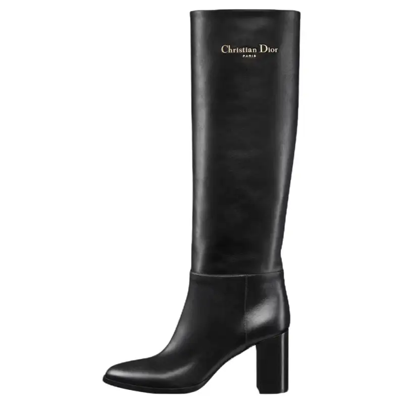 DIOR D Town Cow Leather Knee high Boots 8cm Women's Black