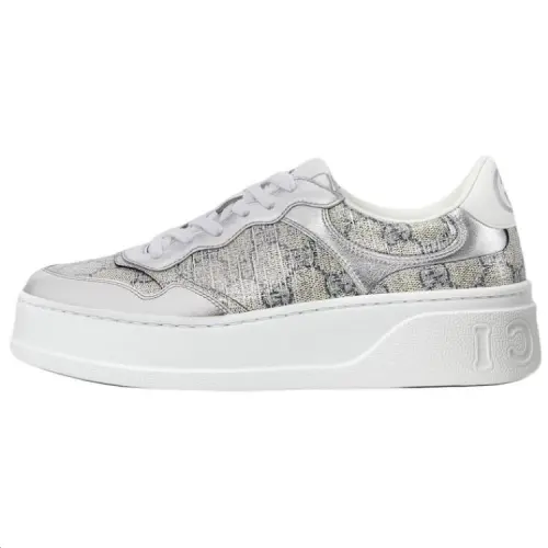 GUCCI GG Supreme Leather Low top Skateboard Shoes Women's Silver