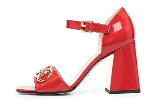 GUCCI Horsebit Patent Leather One Strap Sandals Women's Red